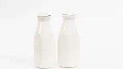 Duas garrafas brancas de leite lado a lado